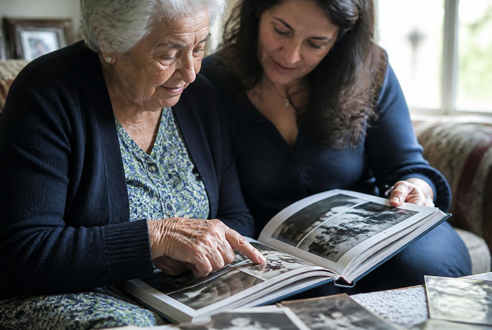 Adult daughter and her elderly mother looking through a printed family memoir together